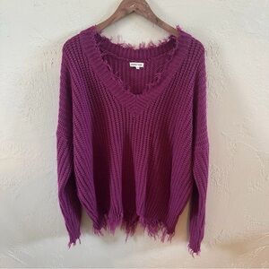 Mainstrip Distressed V-Neck Knit Sweater Magenta Purple, Oversized Grunge Style